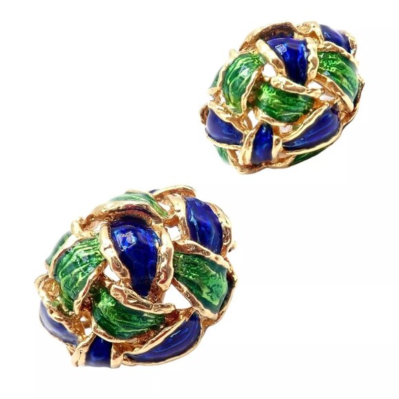 Vintage Tiffany & Co Green Blue Enamel 18k Yellow Gold Basket Weave Earrings - Picture 3 of 12